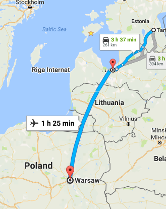 Trip route from Tartu to Warsaw